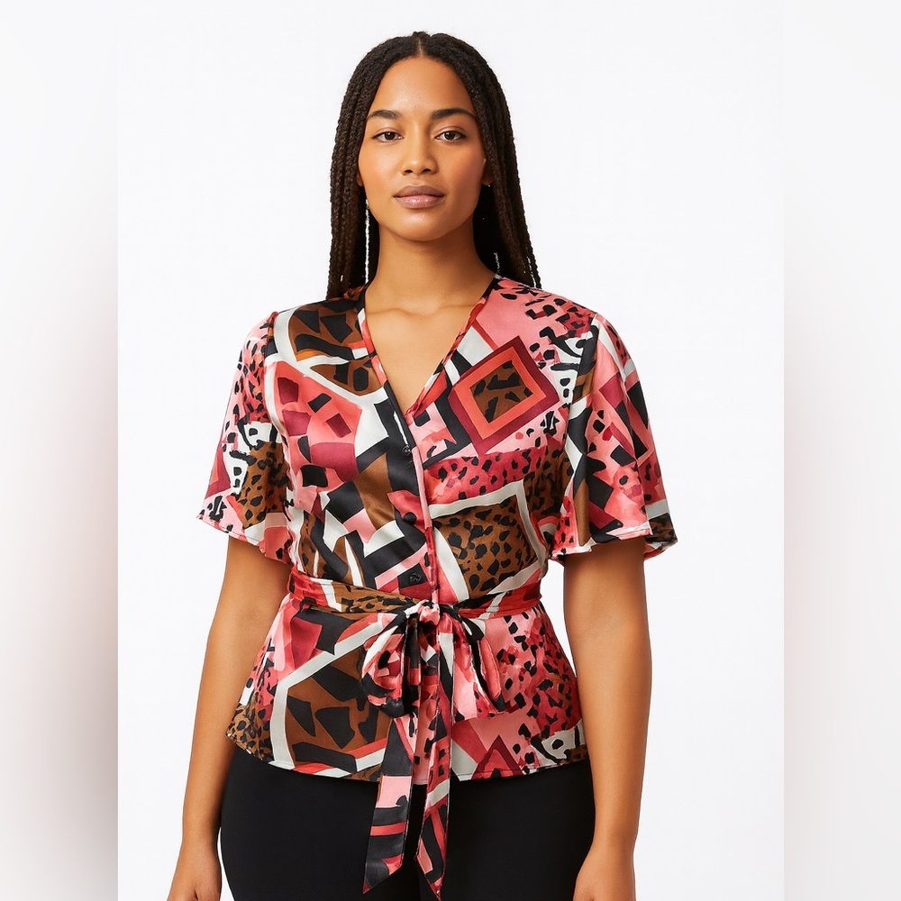 Vtg Y2K Etcetera op art silk belted blouse